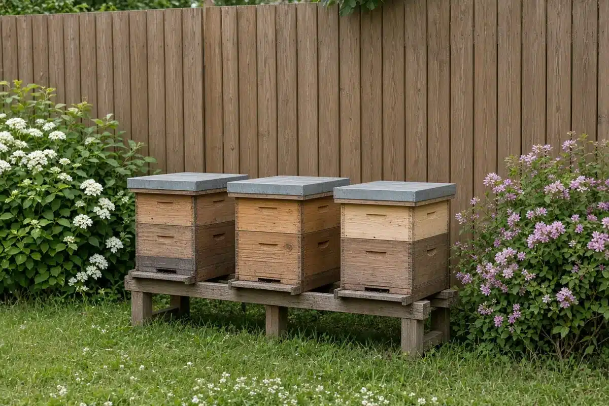 Backyard bee yard with a fence behind the hives