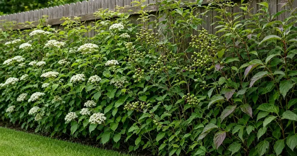 Native shrub hedge along a backyard fence line
