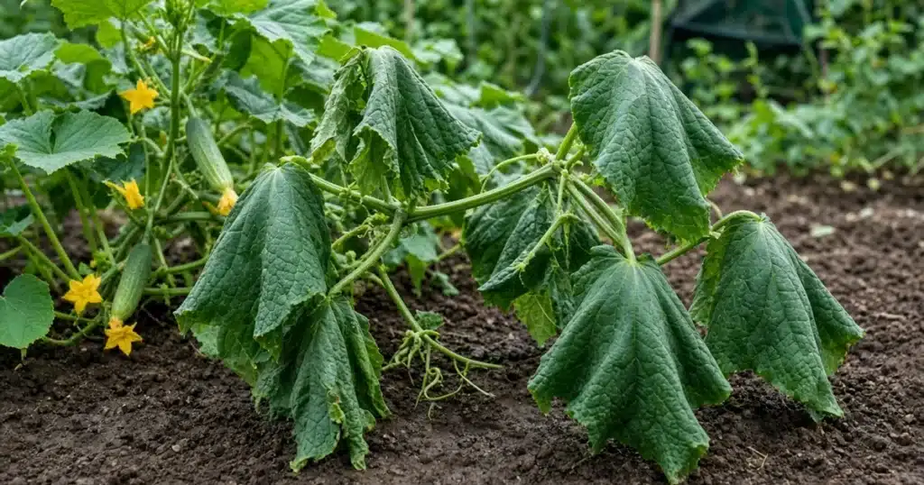 Cucumber vine wilting in a garden