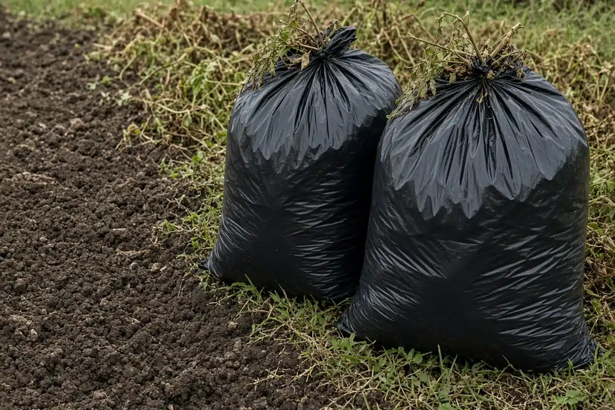 Bagged diseased plants ready for removal