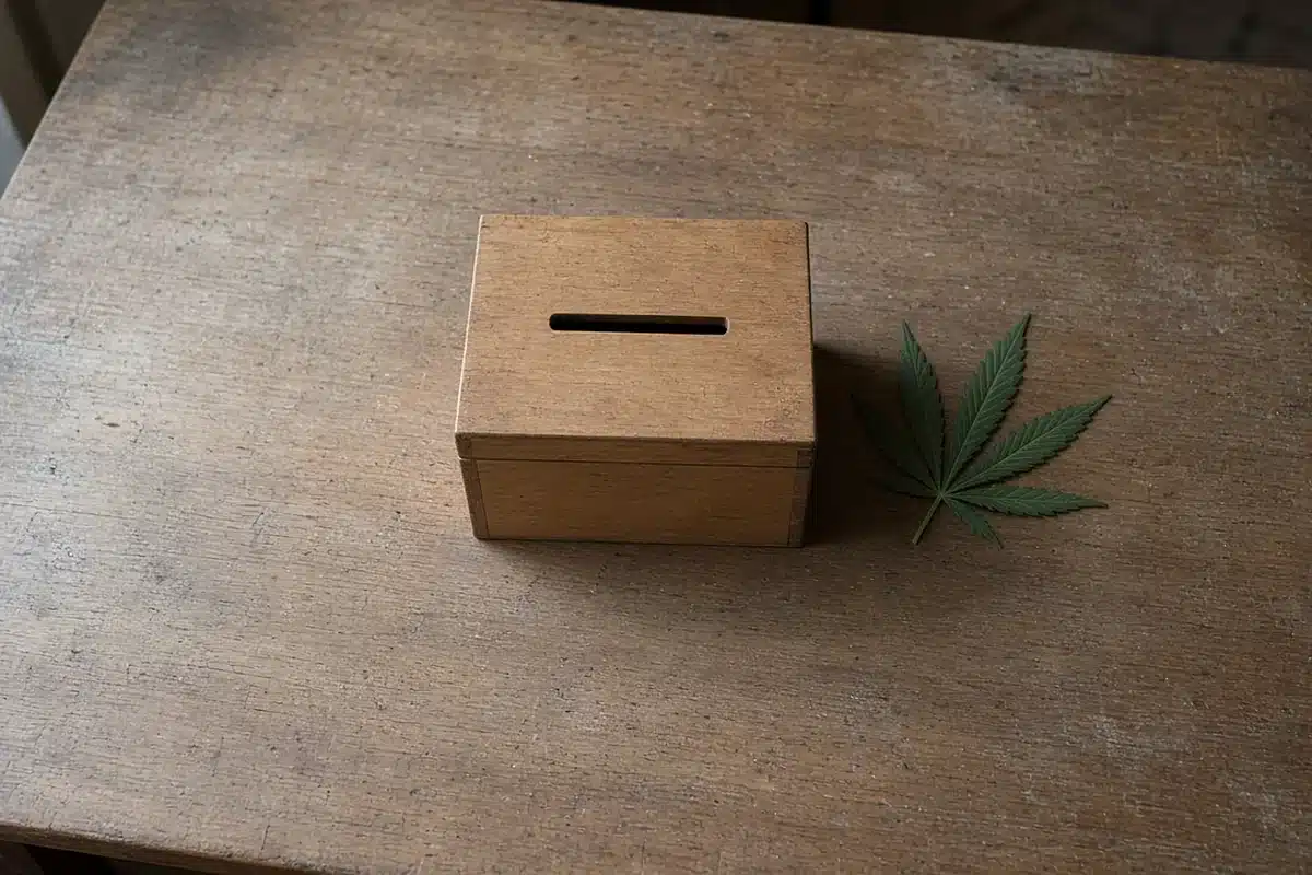 Ballot box beside a cannabis leaf on a wooden desk