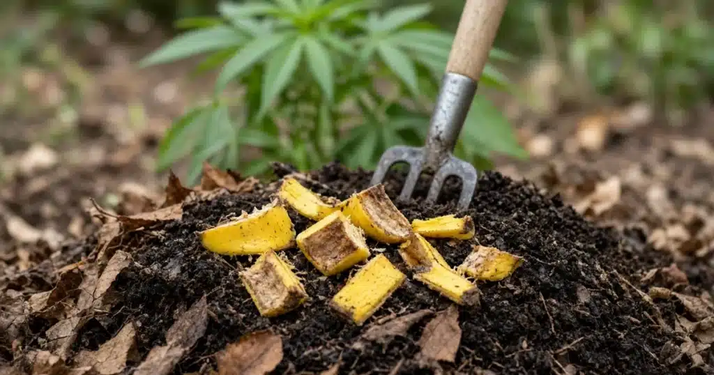 Chopped banana peels on a compost pile with a garden fork and a cannabis plant behind