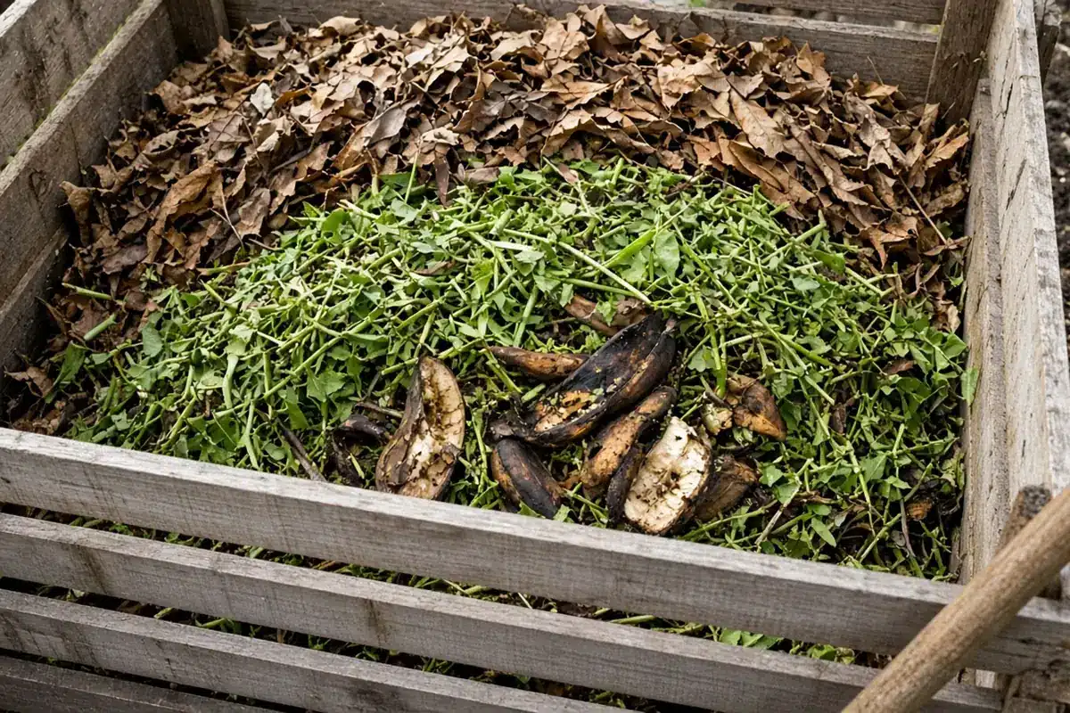 Compost bin with layers of leaves, trimmings and half-decayed banana peels.