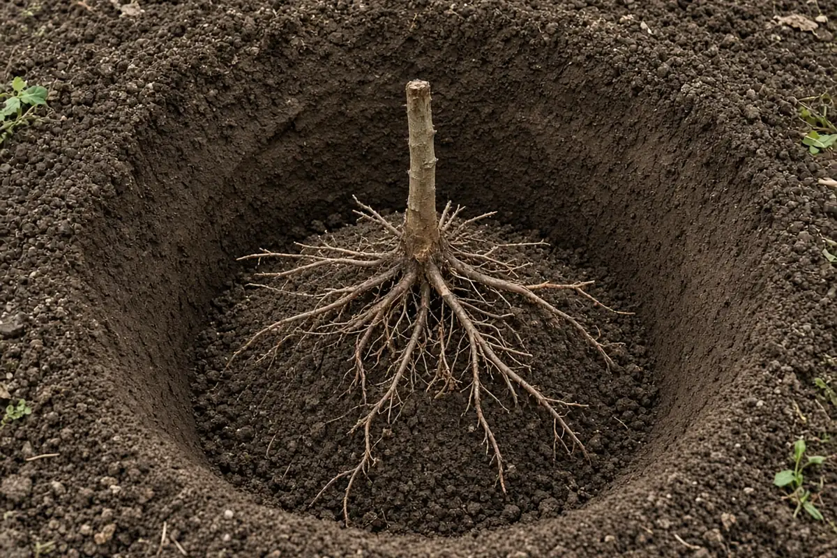 Bare root fruit tree roots spread in a hole