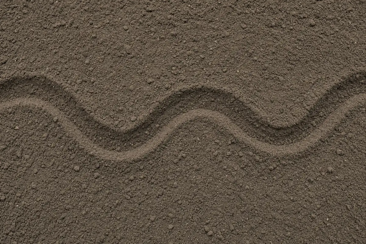 Bare soil patch with a curved groove marked