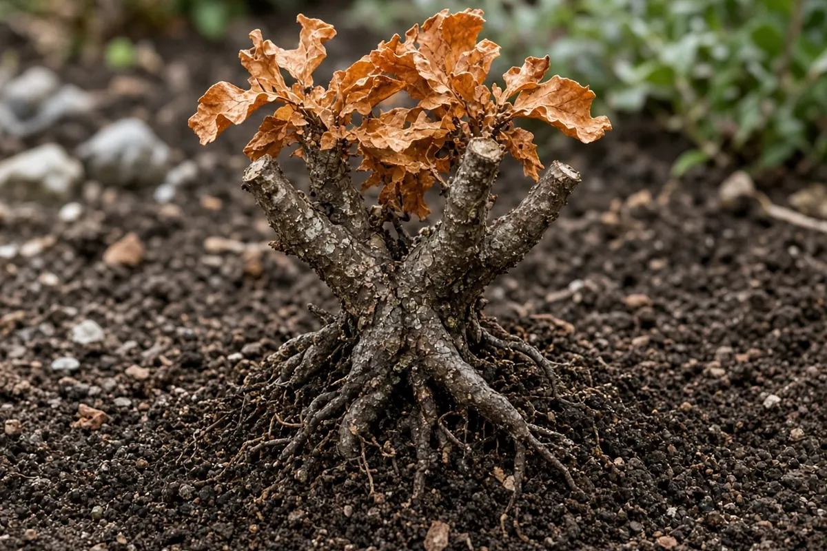 Bare woody crown sitting above the soil with dry leaves
