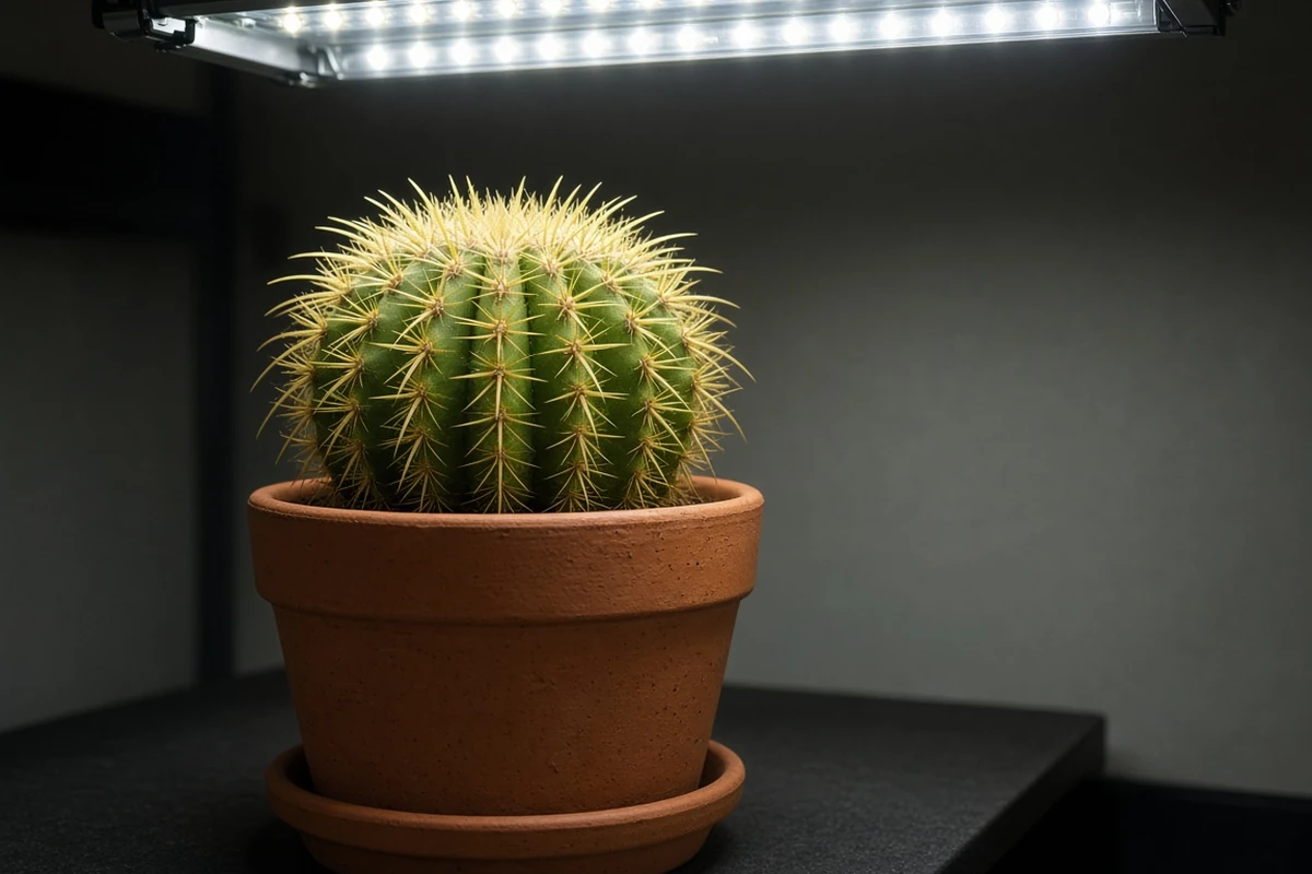 Barrel cactus in a clay pot under a bright LED