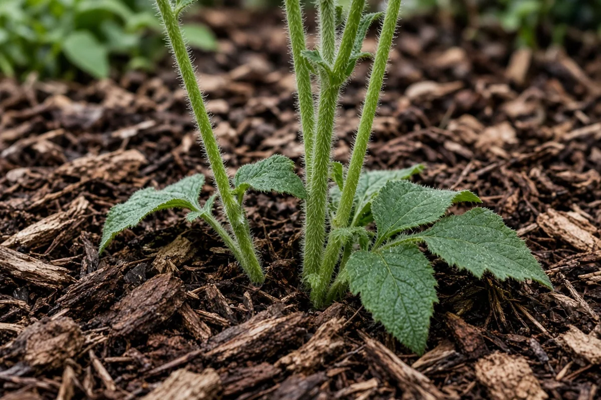 Base of rudbeckia stems in mulch