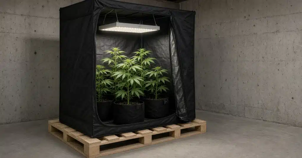 Grow tent with cannabis plants raised off a concrete basement floor beside a dry foundation wall