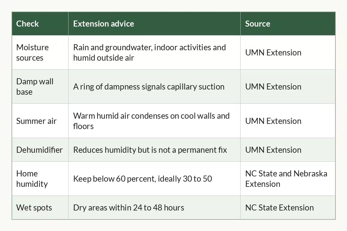 Table graphic of Basement Moisture Checks at a Glance for indoor cannabis growers, 6 rows by 3 columns