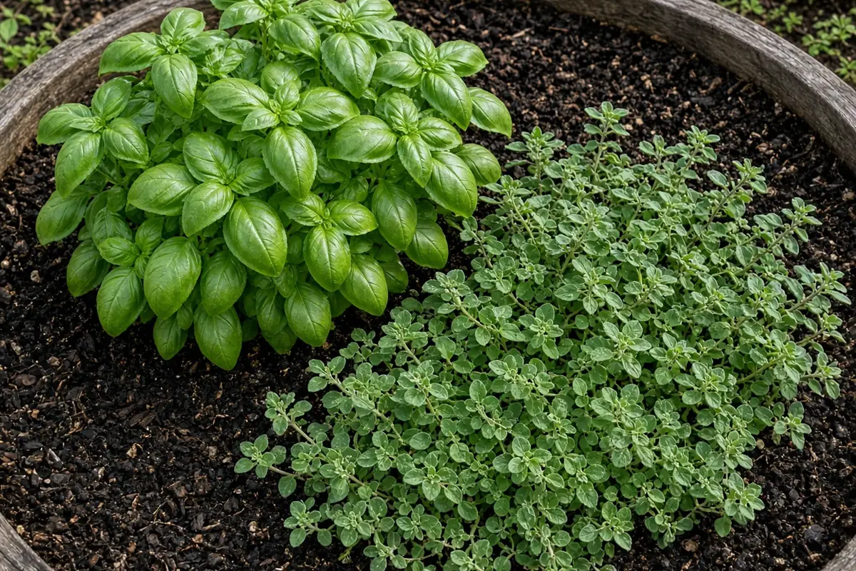 Basil and oregano growing in a garden wedge