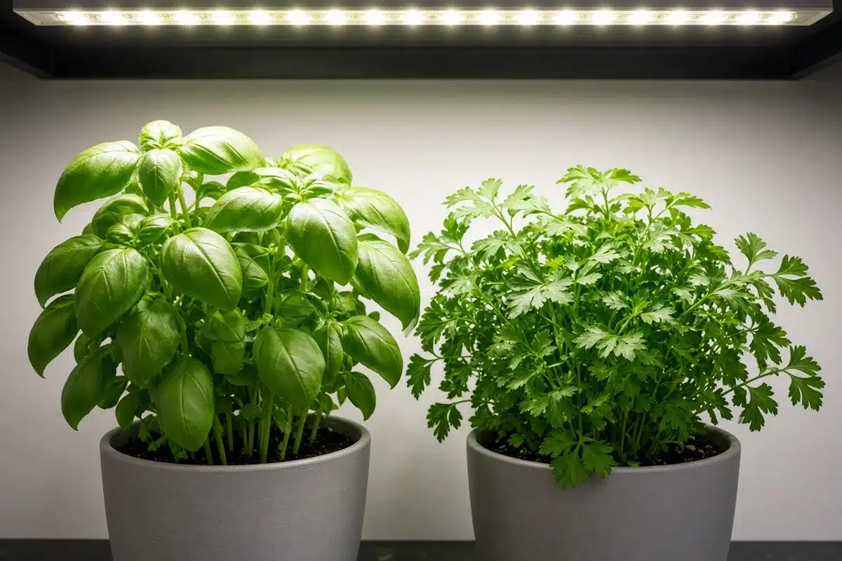 Basil and parsley growing close to a light strip