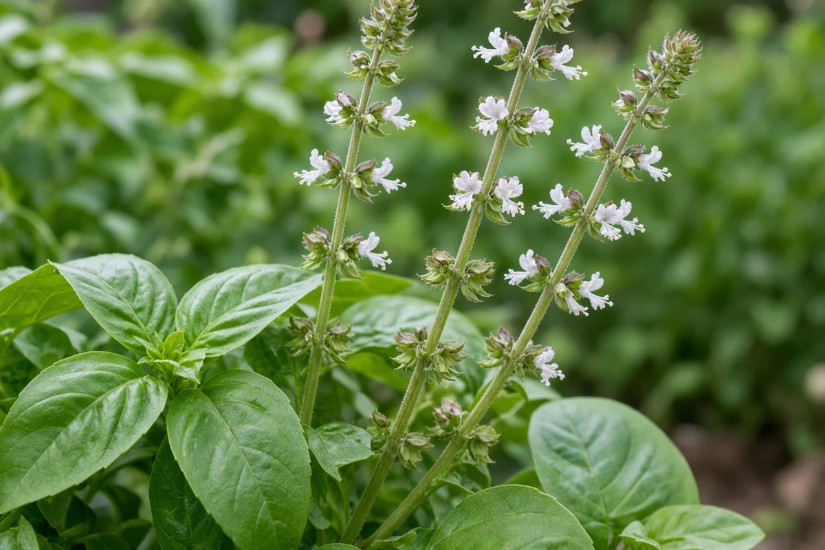 Basil flower spikes forming at the top of a leggy plant