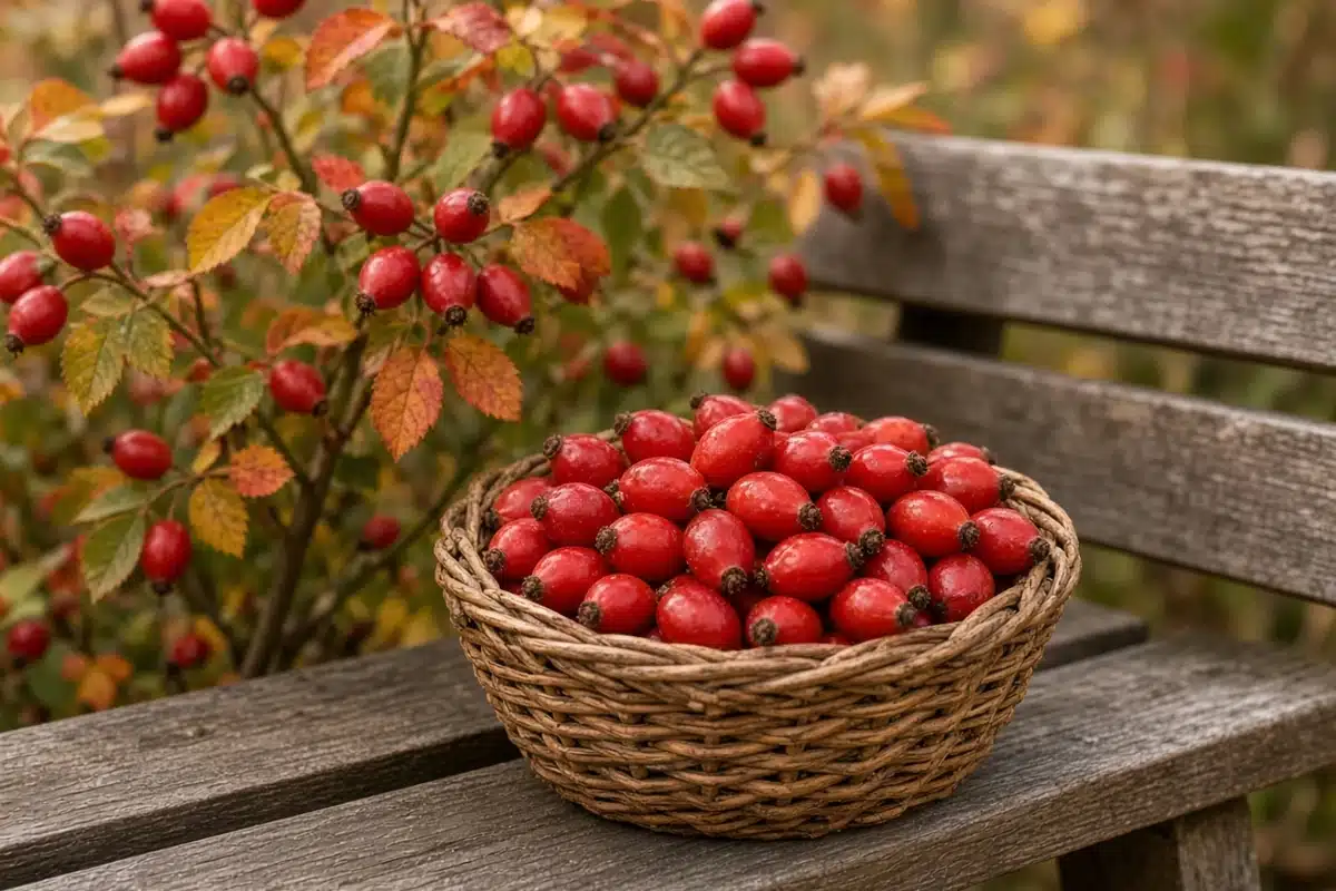Basket of freshly picked rose hips