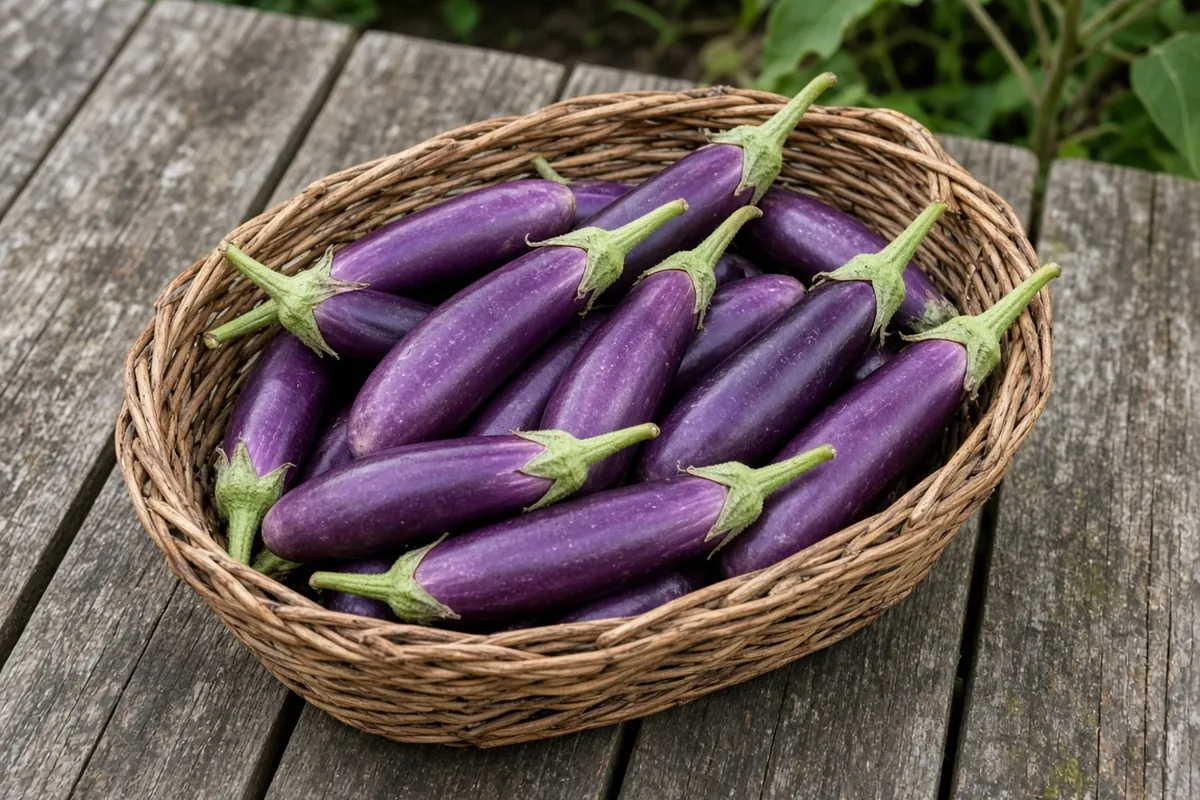 Basket of freshly picked young eggplants