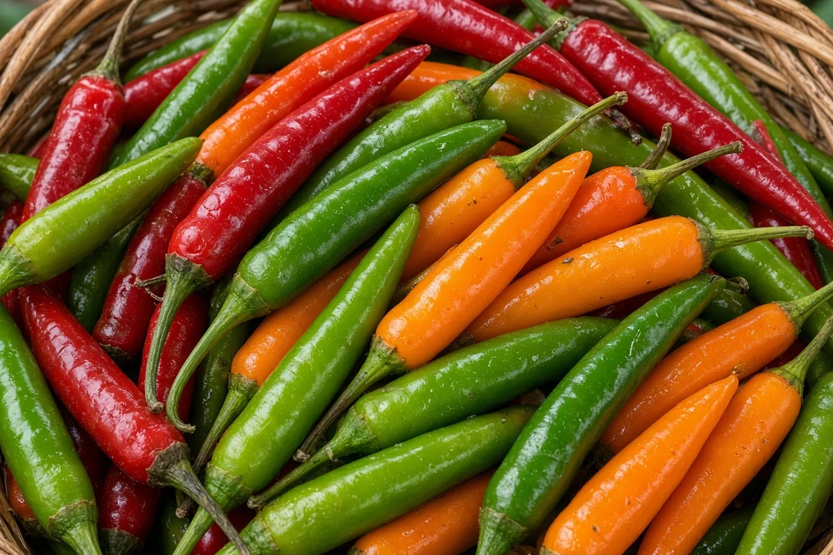 Basket of green, orange and red chili peppers