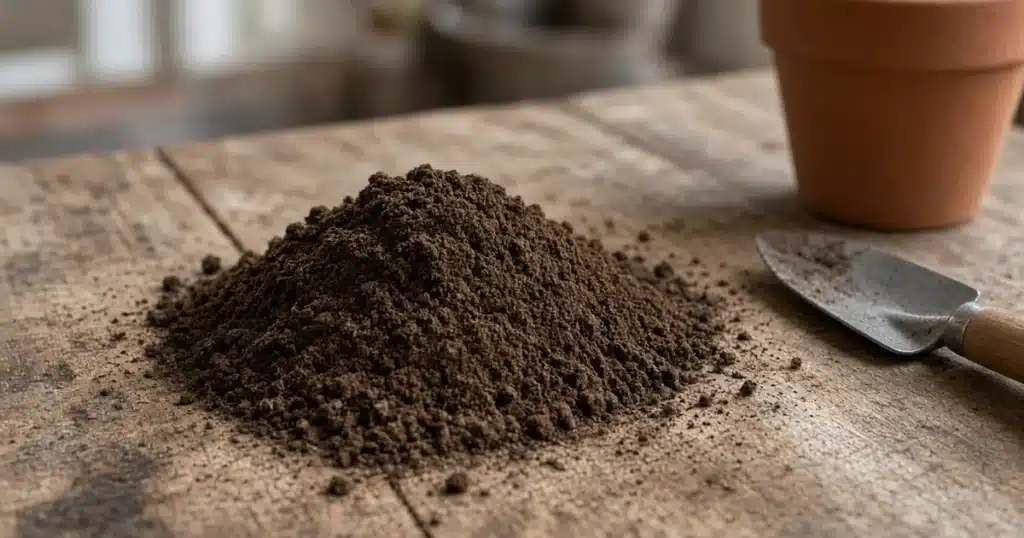 Small heap of dark brown bat guano powder on a potting bench