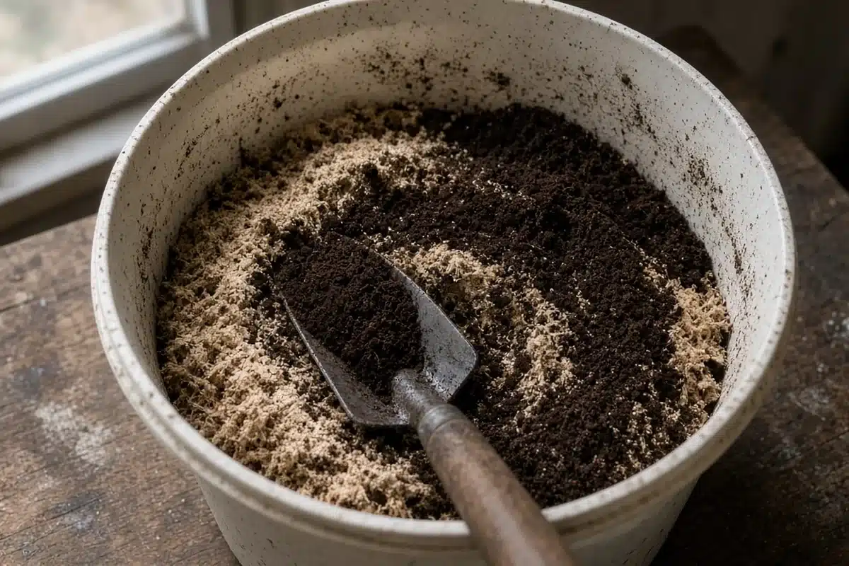 Bat guano powder partly mixed into potting soil in a bucket