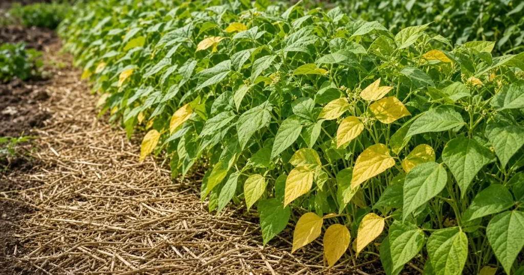 Bean plants growing in a garden row