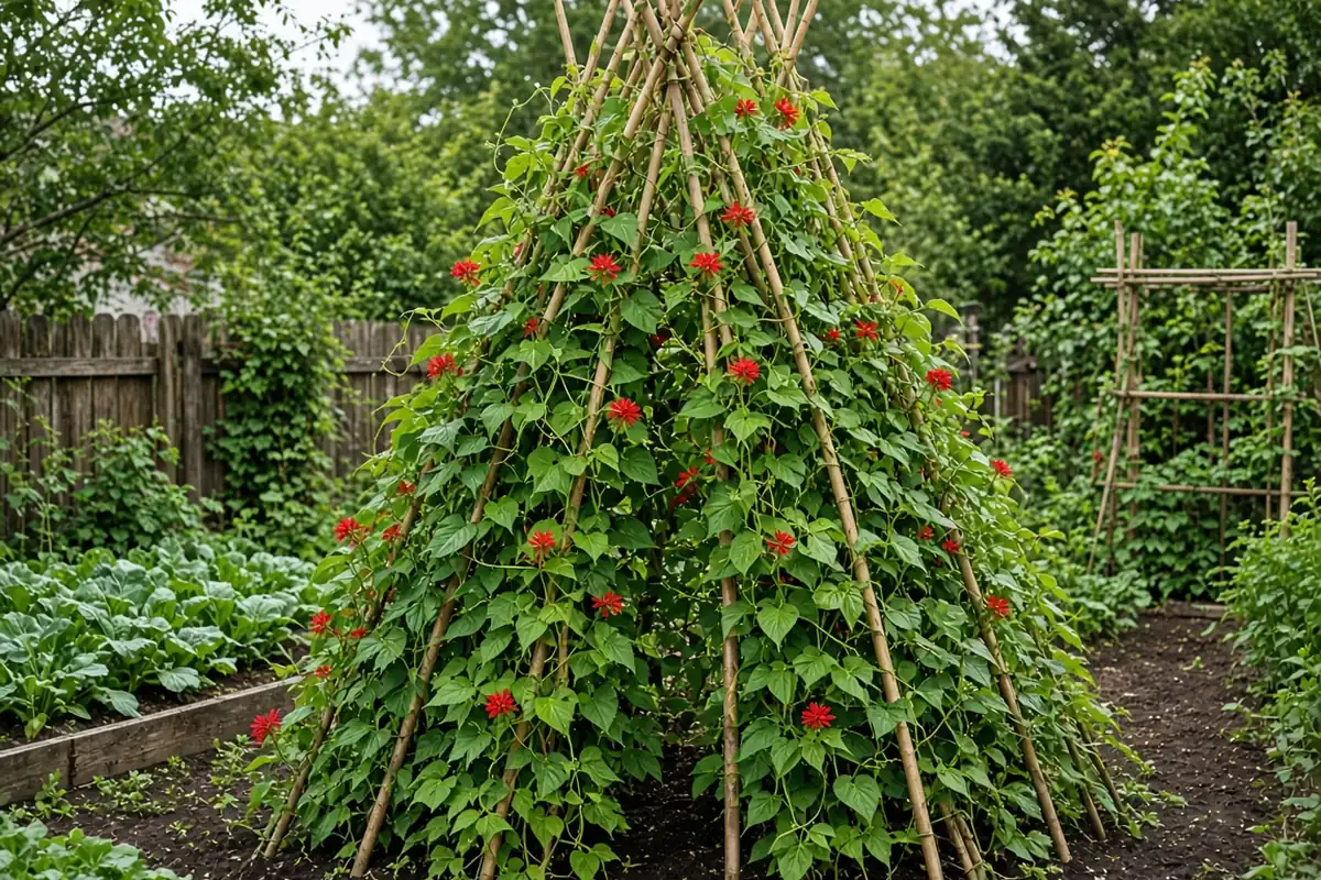 Bean teepee in a family garden