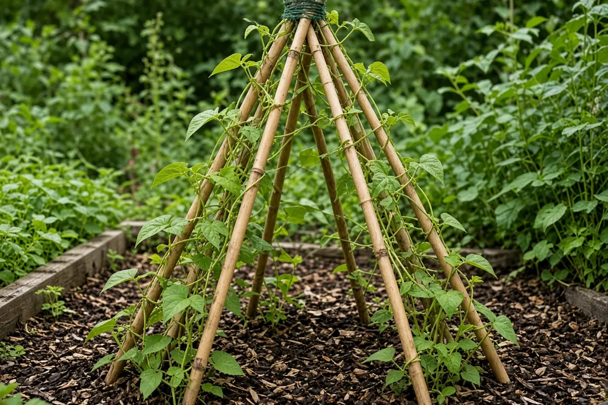 Bean teepee with young vines climbing