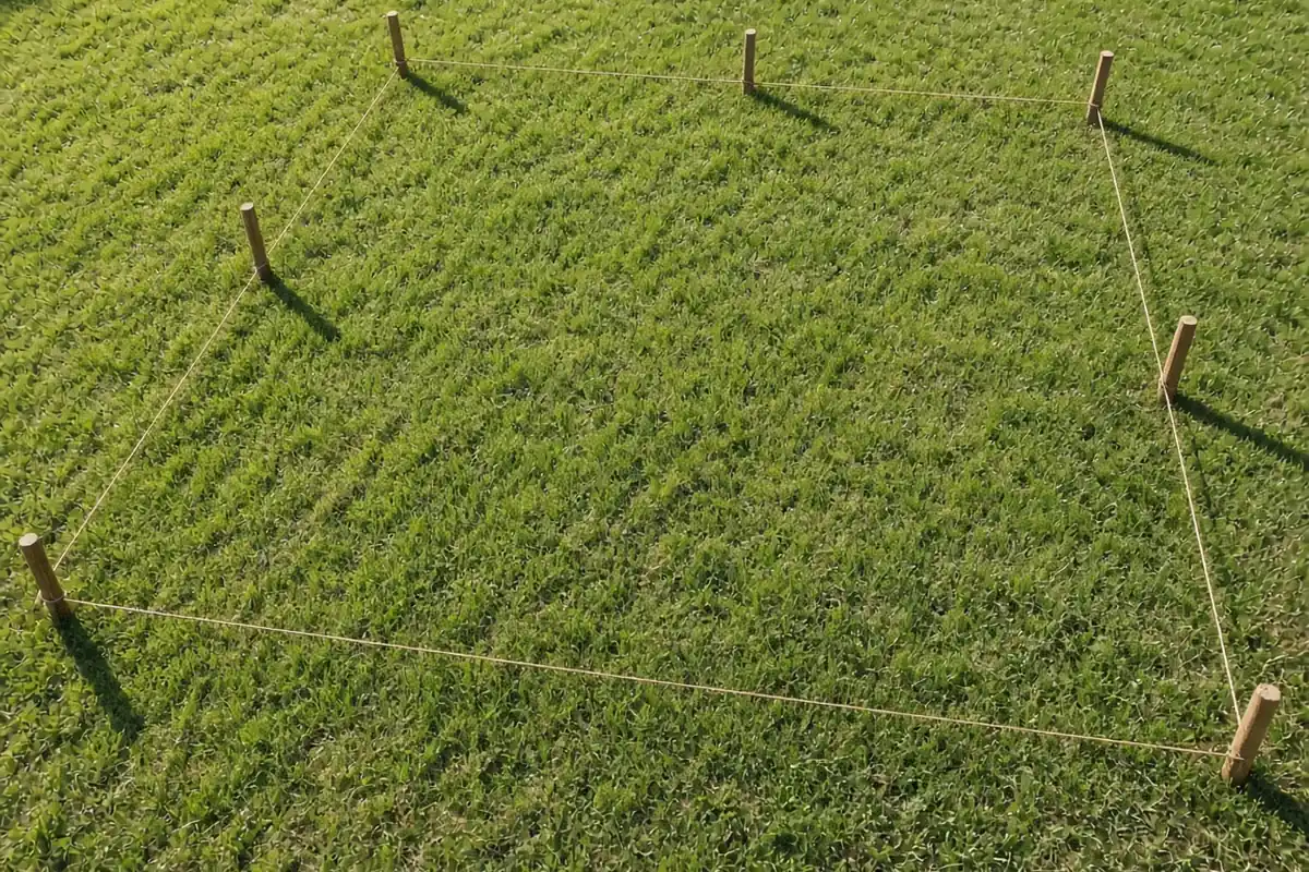 Bed outline marked with string and stakes in a sunny yard