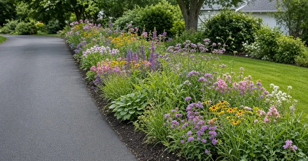 Perennial flower bed along an asphalt driveway
