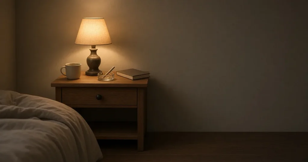 Joint and a cup of tea on a nightstand beside a lamp