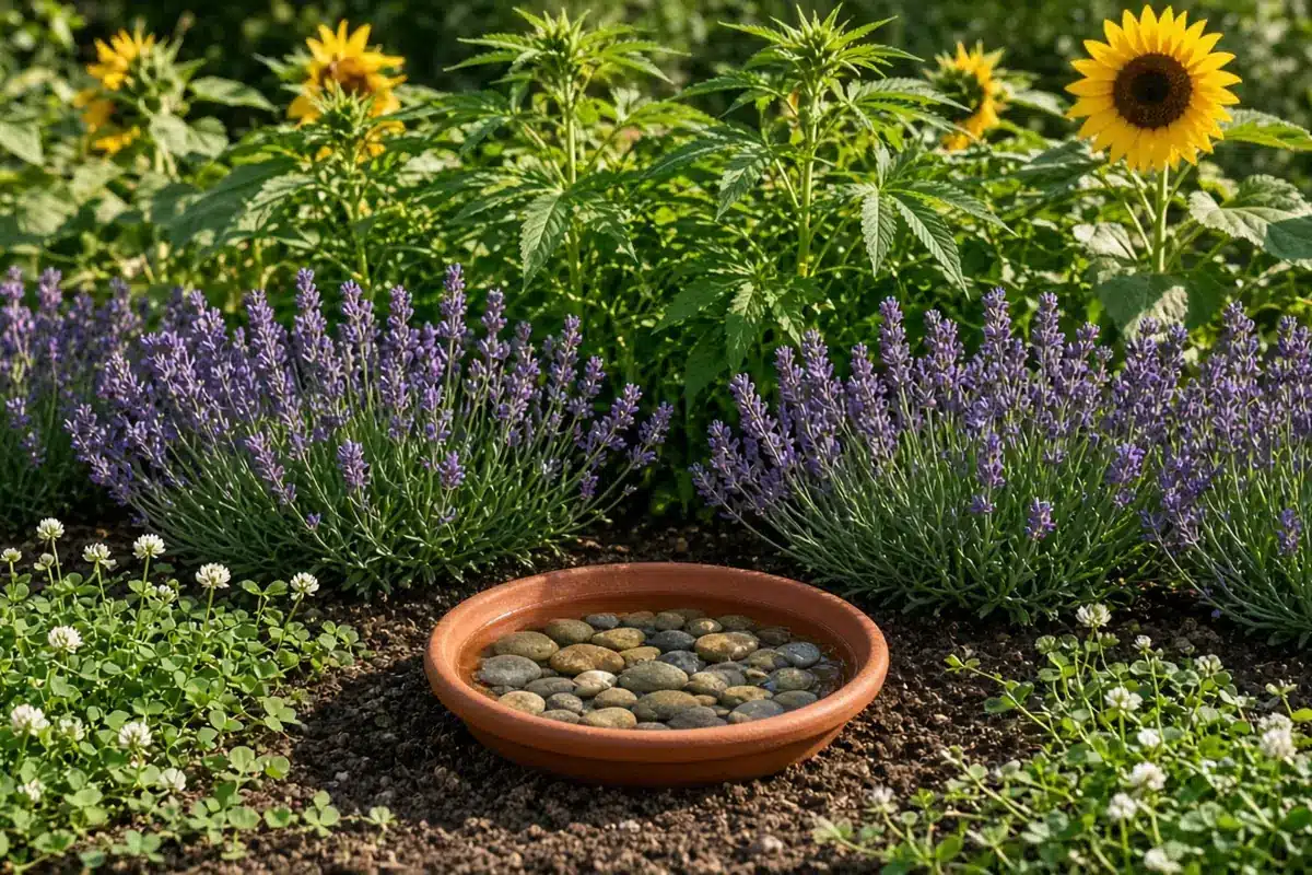 Cannabis garden bordered by lavender and sunflowers with a bee water dish