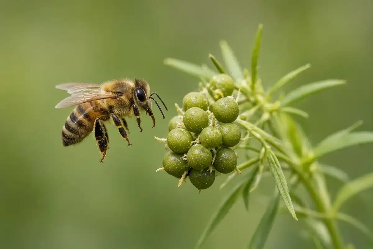Bee flying near the flowers of a male cannabis plant