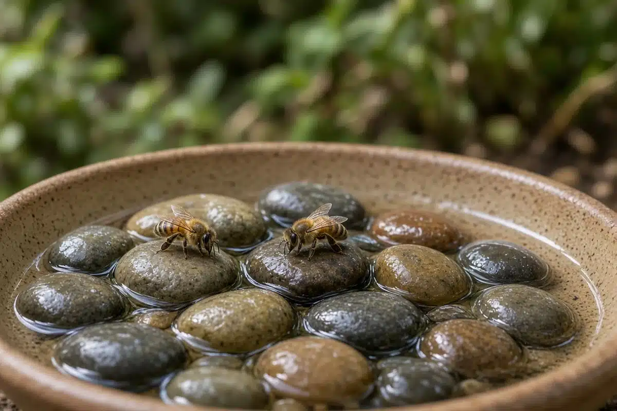 Bee water station with stones in a shallow dish