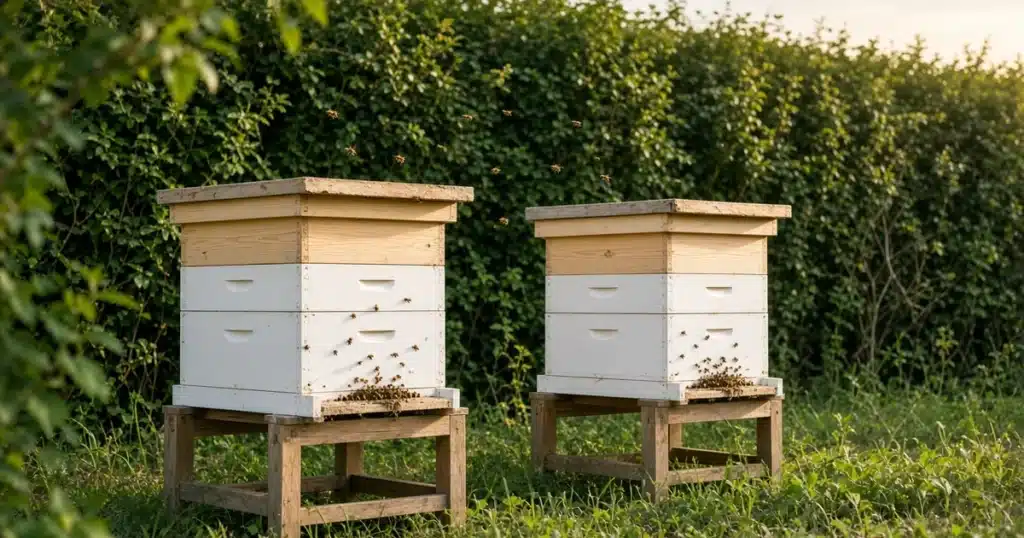 Two wooden beehives on stands near a hedge in morning light