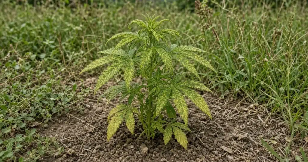 Young cannabis plant with stunted yellow mottled leaves and curled new growth in a field