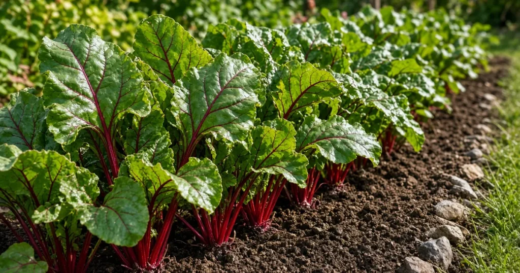 Row of beet plants with lush leafy tops