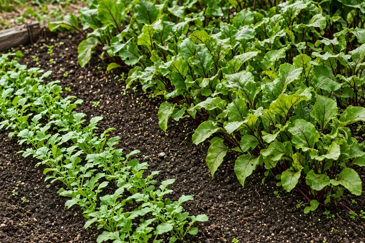 Beets and radishes in a garden row