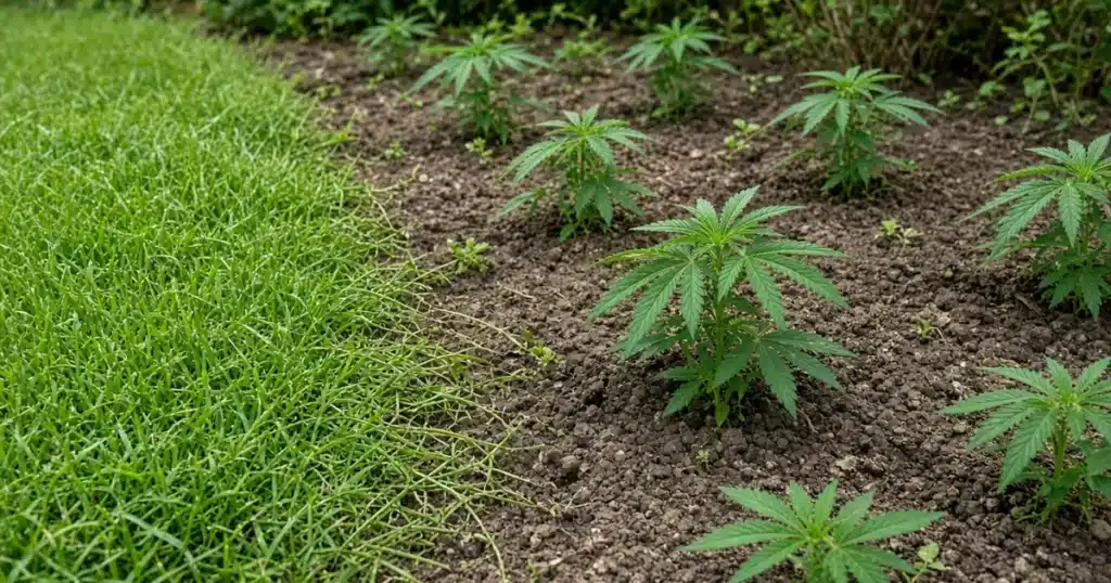 Bermudagrass runners creeping from a lawn edge into a mulched cannabis bed