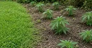 Bermudagrass runners creeping from a lawn edge into a mulched cannabis bed
