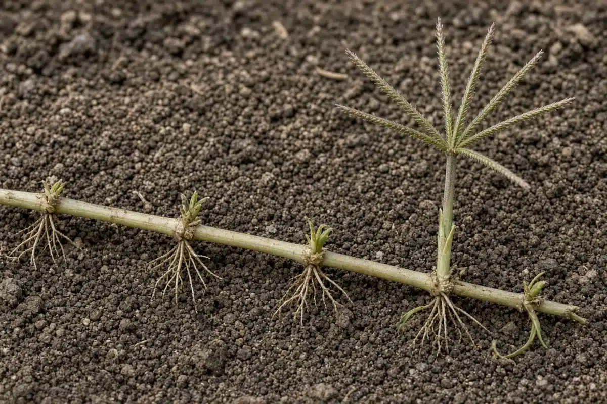 Bermudagrass runner rooting at its nodes with an upright seedhead of fingerlike spikes from one point