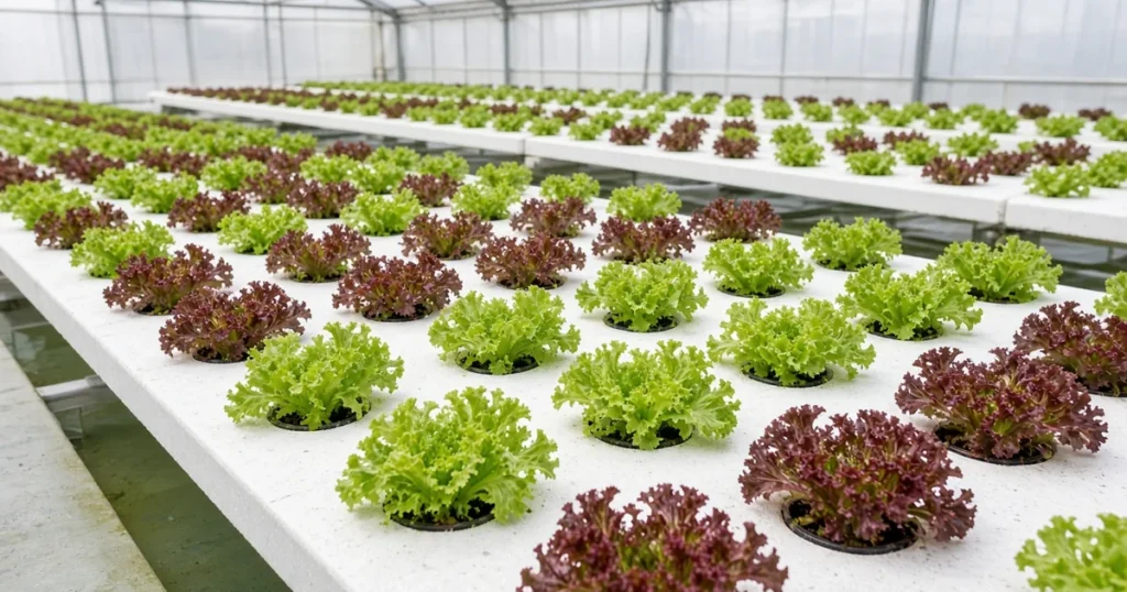 Rows of hydroponic lettuce in a raft system