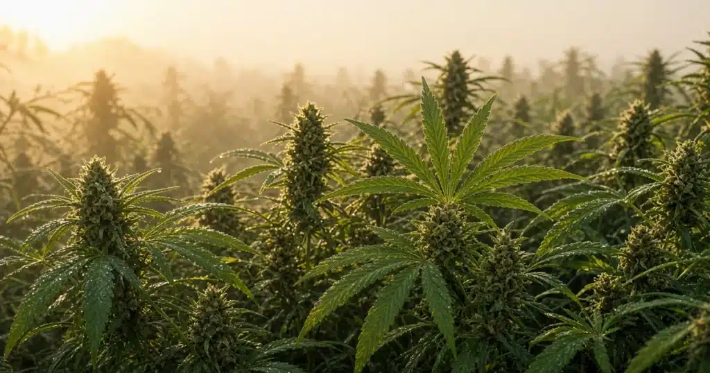 Outdoor cannabis plants in soft early morning light with dew drying on the fan leaves
