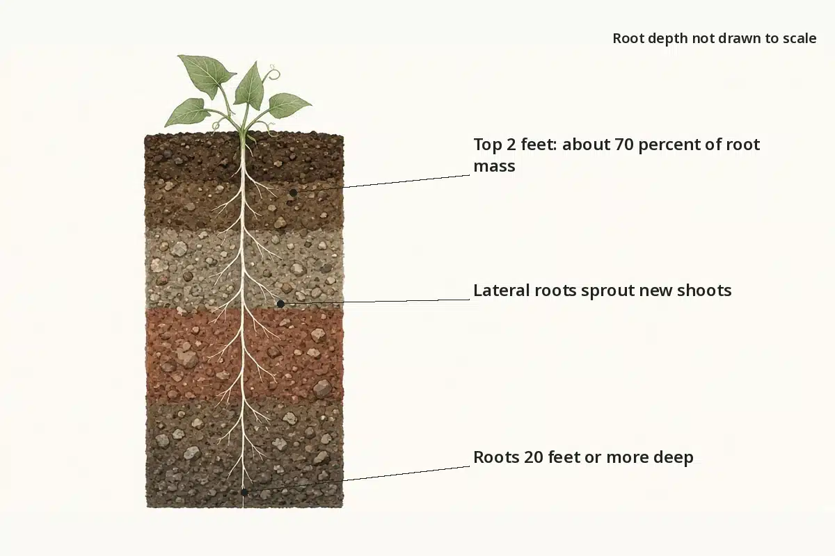 Cross section showing field bindweed roots running 20 feet or more deep, with most root mass in the top 2 feet and lateral roots sprouting new shoots