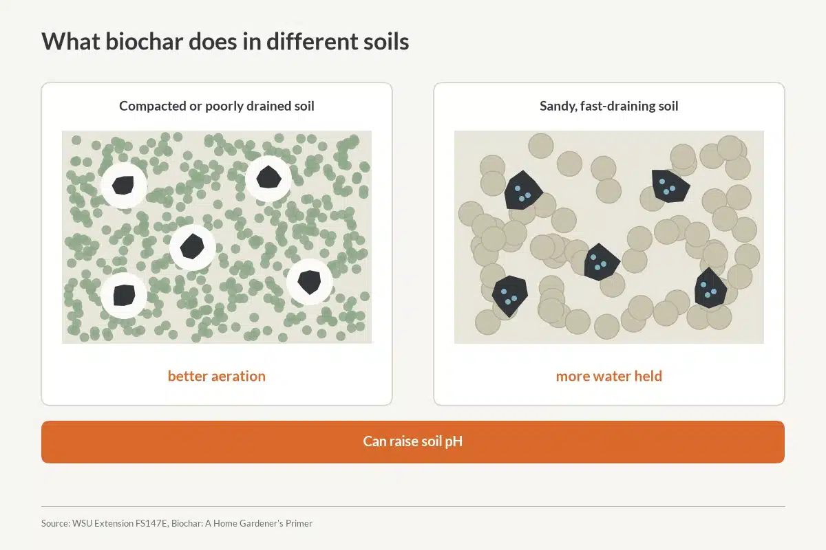 Diagram showing biochar improving aeration in compacted soil and holding water in sandy soil.