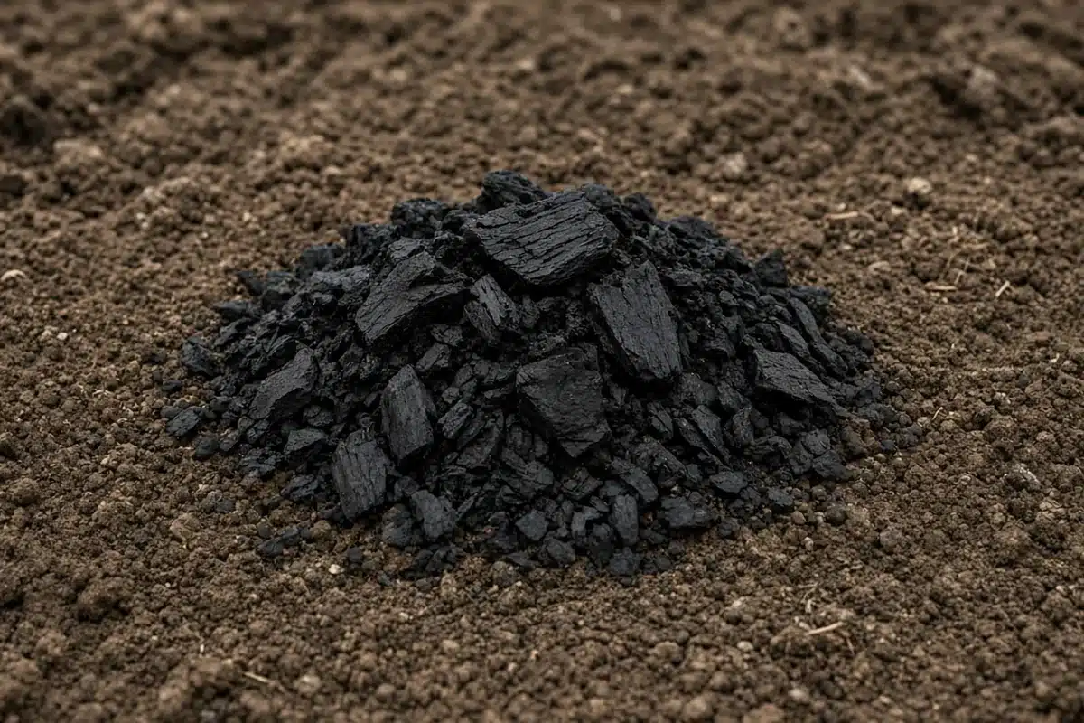 Close view of porous black biochar granules on moist garden soil.
