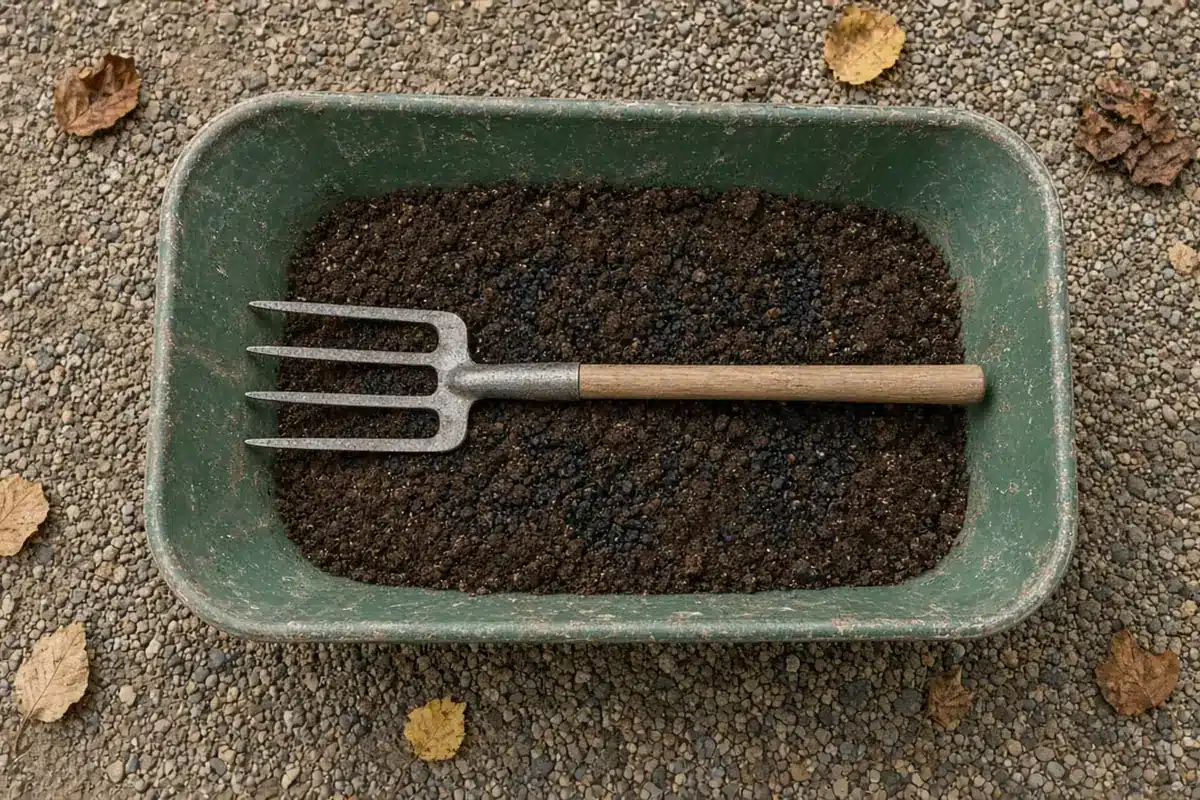 Green garden tub of dark compost with black biochar granules partly mixed through it.