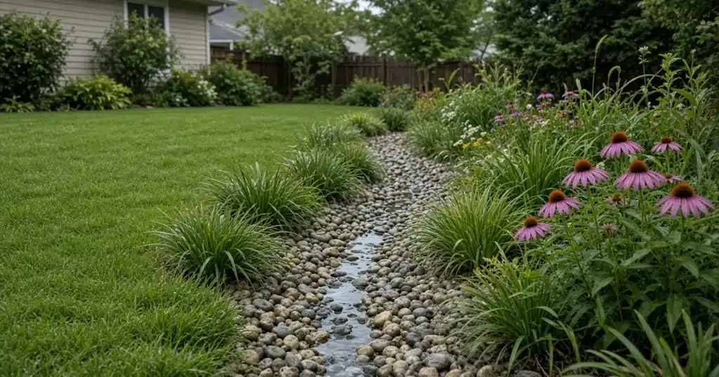Planted bioswale channel running across a yard