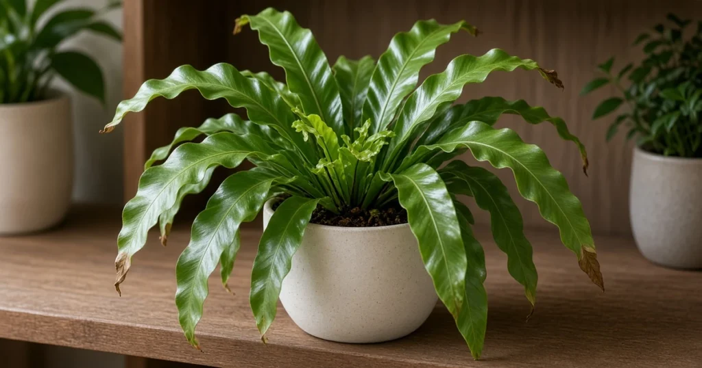 Birds nest fern on a shelf in indirect light
