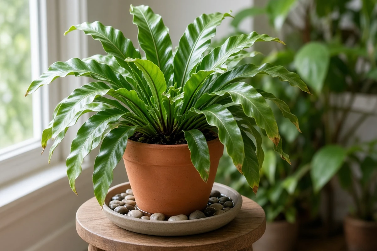 Birds nest fern on a pebble tray