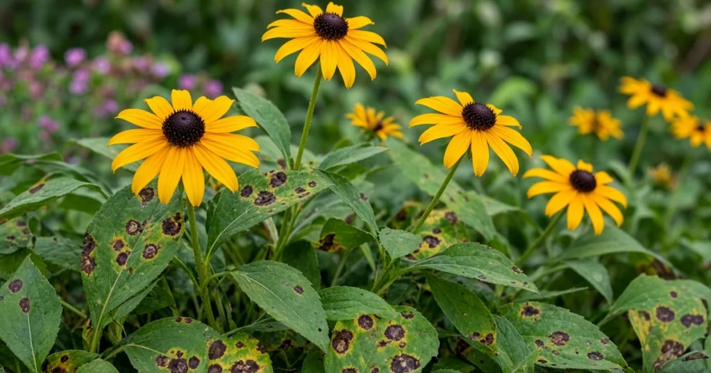 Black eyed Susan flowers above spotted lower leaves