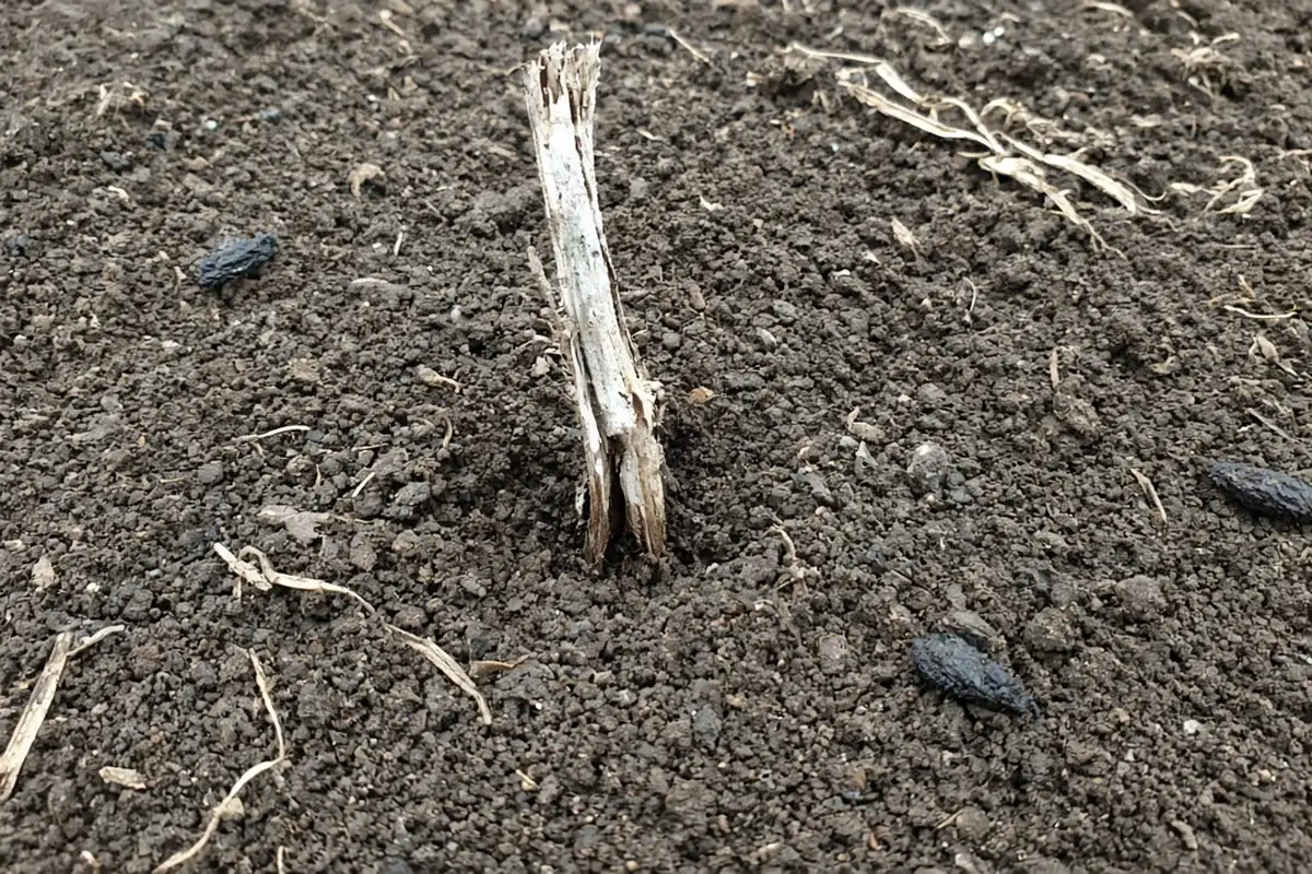 Small black sclerotia scattered on dark soil beside the bleached, dead base of a hemp stem