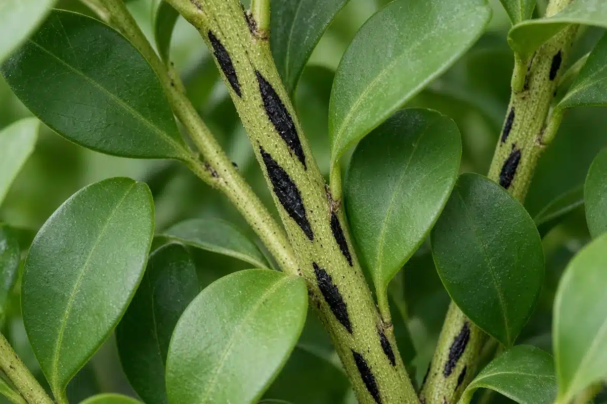 Black streaks on green boxwood stems